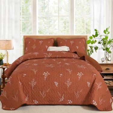 Imagem de Drucon Conjunto de colcha de cama king size laranja queimado, conjunto de colcha de cama acolchoado com estampa floral botânica de terracota, 3 peças, capa de cama de microfibra leve para todas as