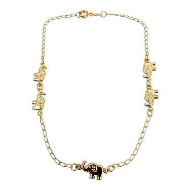 Imagem de LESLIE BOULES Tornozeleira elegante banhada a ouro 18K com conector de cinco elefantes - símbolos de boa sorte, Medium, Latão, Sem pedras preciosas