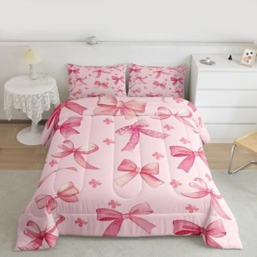 Imagem de jejeloiu Conjunto de edredom casal com laço de desenho animado para meninas, meninos, rosa, edredom para decoração de quarto, 3 peças com 2 fronhas