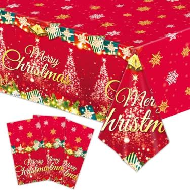 Imagem de Toalha de mesa descartável de Natal com 3 peças, toalha de mesa de floco de neve de 137 x 274 cm, capa de mesa para decoração de festa de Natal