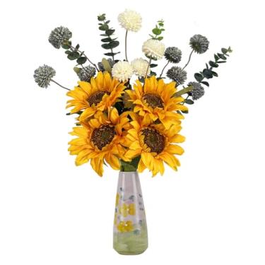 Imagem de MOIAVAN Girassóis falsos com vaso pintado à mão, flores artificiais de 41 cm em pequeno vaso de cerâmica, buquê de eucalipto de flores de seda, arranjos falsos para casa, sala de estar, cozinha