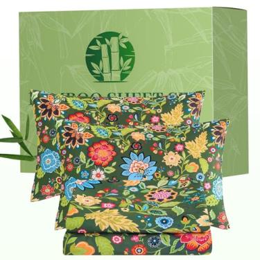 Imagem de Bedlifes Jogo de lençol King floral de 4 peças - lençóis refrescantes mistura raiom derivado de bambu, macio e respirável, bolso profundo 40,6 cm, resistente a rugas - Floral Boho vibrante verde