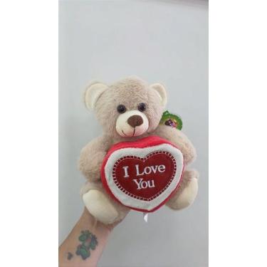 Imagem de Urso Caco Bege de Pelúcia 21 cm com Coração 'I LOVE YOU' - Presente Id