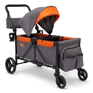 Imagem de Carrinho de Passeio Vagão Duplo Multifuncional com Capota e Armazenamento, Jeep, Cinza e Laranja