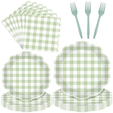Imagem de Conjunto de utensílios de mesa xadrez verde claro com 96 peças – Pratos descartáveis, guardanapos e garfos descartáveis para Páscoa, chás de bebê, aniversários e celebrações de fazenda