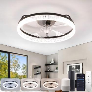 Imagem de Ventiladores de teto Smart WiFi com lâmpadas, compatíveis com Alexa, Google, controle remoto, luzes de teto modernas com ventilador, reguláveis, 6 velocidades, 5 lâminas reversíveis, preto