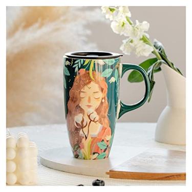 Imagem de GRFIT Caneca de grande capacidade copo de cerâmica copo de água de escritório pintado à mão com tampa colher para casa menina xícara de café caneca de café (cor: B)