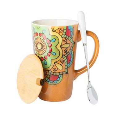 Imagem de GRFIT Caneca estilo étnico retro pintado à mão xícara de café grande copo longo copo de cerâmica copo de cerâmica home office copo de beber com tampa colher 500ml caneca de café (cor: amarelo, tamanho