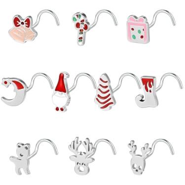 Imagem de BodyAce Brincos de nariz de Natal 20 g para mulheres, kit de piercing de nariz de aço inoxidável, saca-rolhas em forma de L, joia de Natal [Parafuso]