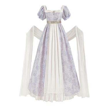 Imagem de Nuoqi Regency Vestido feminino estilo 1800 cintura império vitoriano vestidos de baile com xaile, Roxa, 3G