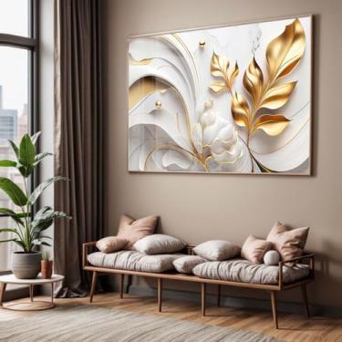 Imagem de Quadro com Moldura e Acrilico Cristal Vidro Sala Quarto Folhas Douradas Abstrato Arte Decorativo Horizontal Grande Hall