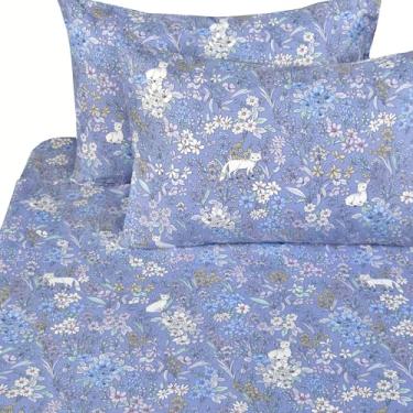 Imagem de J-pinno Jogo de lençol casal com flores azuis, raposa, veado, decoração de quarto, 100% algodão, lençol de cima + lençol com elástico + fronha (36, casal)