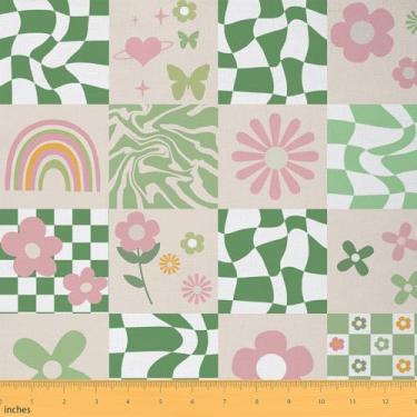 Imagem de Jejeloiu Tecido de estofamento de flores hippie retrô para cadeiras 1 jarda 60S 70S Tecido floral Groovy por Yard Geométrico Vintage Abstrato Botânico Impermeável Tecido Externo Xadrez Verde Tecido