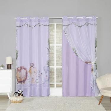 Imagem de NALU CASA E DECORAÇÃO Cortina Infantil Voil Estampada com Forro, 2,80x2,20m, Poliéster 160 Fios, Decorativa, para Quarto Bebê, Sala, Escritório (SAFARI KIDS LILAS)