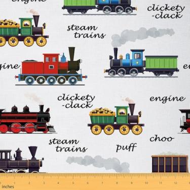 Imagem de jejeloiu Tecido retrô vintage da The Yard 3 jardas desenho fofo veículo motor a vapor estofamento tecido para cadeiras para meninos meninas padrão de transporte ferroviário para projetos de casa DIY