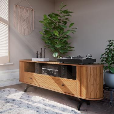 Imagem de Rack Sala TV Curvo 180 cm Nicho e Gaveta em MDF Freijó com Preto Fosco Dalla Costa TB300JPF