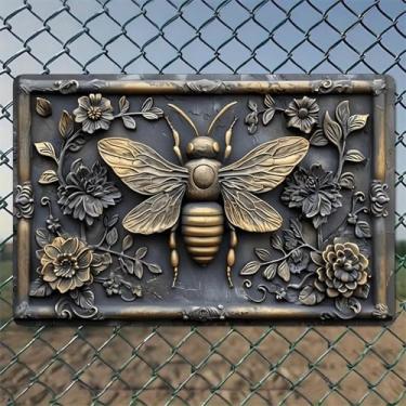 Imagem de Abelha metálica ornamentada em meio a flores, arte de parede de alumínio rústico e placa de metal - 20 x 30 cm, decoração vintage interna e externa para casa, escritório, café, quintal e jardim