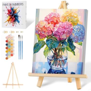 Imagem de Mowana Kit de pintura por números Hydrangesa, tela emoldurada fácil para adultos, iniciantes, kits de pintura a óleo em caixa colorida, cavalete de madeira, 20 x 30 cm