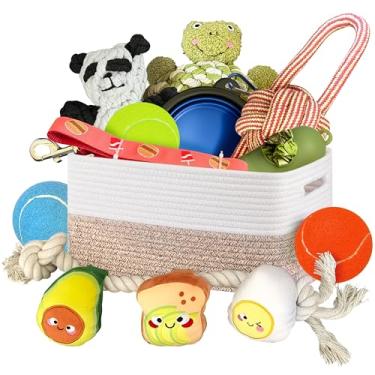 Imagem de Kit de iniciação de filhotes para novos donos de cães – coleira, brinquedos de corda, bolas de tênis, tigela dobrável, suporte de saco de cocô e cesta de presente – Essenciais para a primeira noite em
