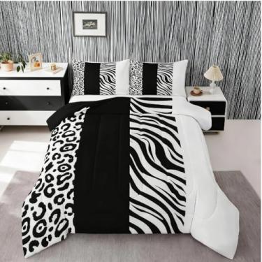 Imagem de Feelyou Conjunto de edredom de leopardo, preto e branco, zebra, com 1 fronha, microfibra com estampa animal, roupa de cama solteiro, simples, moderna, para decoração de quarto, edredom respirável