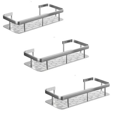Imagem de Kit 3 Prateleiras de Banheiro em Alumínio com Adesivo Forte – Suporte Porta Shampoo Sem Furo, Organizador de Parede Moderno e Resistente à Umidade