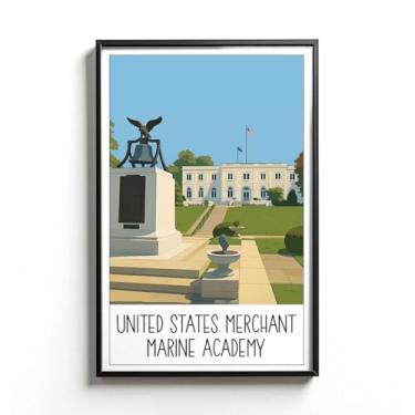 Imagem de LCGifts Pôster da Academia Marinha Mercante dos Estados Unidos de Nova York - Ilustração de ponto de referência da educação marítima - Arte histórica da escola naval - Decoração de parede patriótica