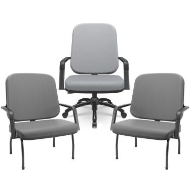 Imagem de Kit Cadeira De Escritório Giratória E 2 Cadeiras Fixas Preta Magno P03 Vinil Cinza - Lyam Decor