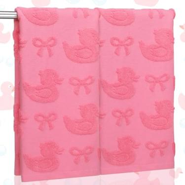 Imagem de SmoothNovelty 2 peças de toalhas de mão de pato de borracha para banheiro laço rosa pato jacquard trançado banho pato 100% algodão absorvente toalha de banho para banheiro cozinha decoração, 35 x 73