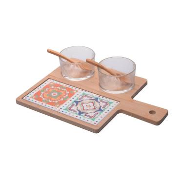 Imagem de Cj 2 Petisqueiras de Vidro e Tábua de Ladrilho C/Colher e Bandeja de Bambu 32x22,5cm Wolff