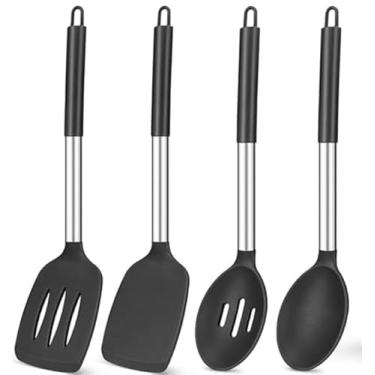 Imagem de Conjunto de 4 utensílios de cozinha de silicone, antiaderentes, espátulas sólidas grandes resistentes ao calor, colheres com fenda, sem BPA, torneiras de cozinha para fritar, misturar, servir, drenar