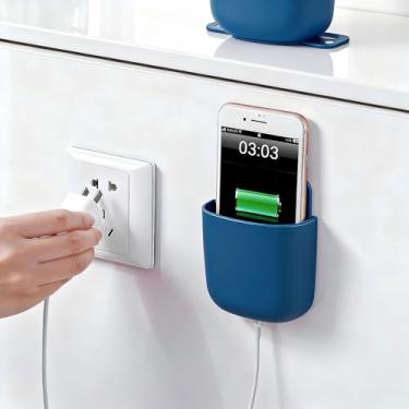 Imagem de 1 suporte de armazenamento de plástico montado na parede, suporte adesivo de carregamento para telefone, armazenamento de controle remoto, organizador multifuncional de parede para armazenamento, azul