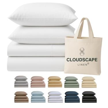 Imagem de Lençóis Cloud Scape Linen 100% algodão egípcio para cama queen size, 400 fios, qualidade hoteleira, conjunto de lençóis de algodão macio, durável, bolsos profundos de até 43 cm, branco