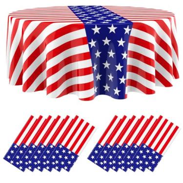 Imagem de Oudain 12 toalhas de mesa descartáveis de 4 de julho com bandeira americana de 203 cm, capa de mesa descartável de 4 de julho, para veteranos, memorial do Dia da Independência Patriótica (listra)