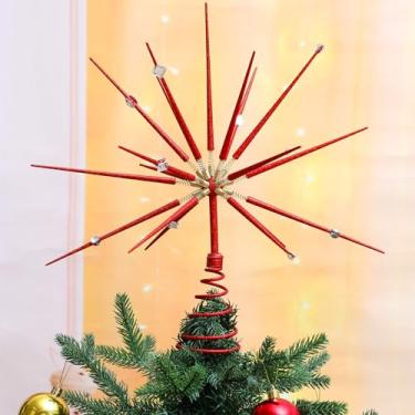 Imagem de Cinnvoice Topo de árvore de Natal vermelho 38 cm Red Starburst Throng Treetop Decor Glitter Gold Exploding Star Christmas Tree Topper Decoração de Natal Ornamento de Natal Estrela Decorativa de Natal