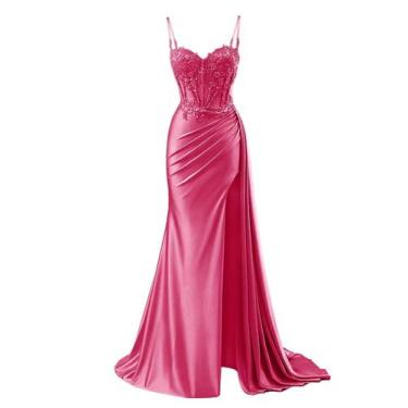 Imagem de Vestido de baile RUMUGUYA, apliques de renda, sereia, cetim, rosa choq