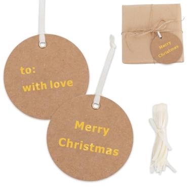 Imagem de BEISHIDA Etiquetas de papel para presente de Feliz Natal, etiquetas Kraft redondas com fita de cetim, 6,3 x 6,3 cm, etiquetas de nome de folha dourada de Natal para sacolas de presente e embalagem de