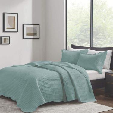 Imagem de Kit Cobre Leito Casal Milão Liso + 2 Porta Travesseiros Geometrico Verde Acqua