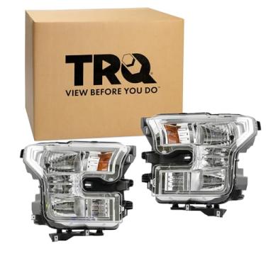 Imagem de TRQ Conjunto de conjunto de 2 peças de farol halógeno, moldura cromada, motorista e lado do passageiro, compatível com Ford F-150 FO2502335 FO2503335 2015-2017