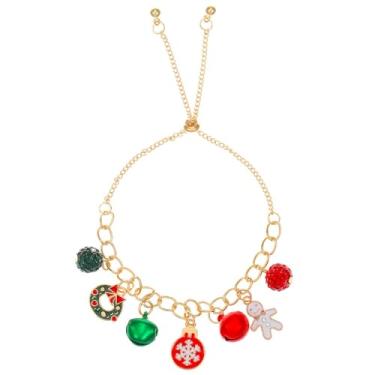 Imagem de NewZenro Pulseiras femininas de corrente de sino de Natal fofas douradas com bola de cristal verde vermelha de Natal, guirlanda de boneco de neve, floco de neve, esmaltado, pulseira para festas de fim