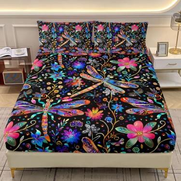 Imagem de AILONEN Jogo de lençol solteiro para meninas, libélula, 3 peças, flores de fantasia, estampa boêmia, floral, libélulas, preto, lençol com bolso profundo e 2 fronhas