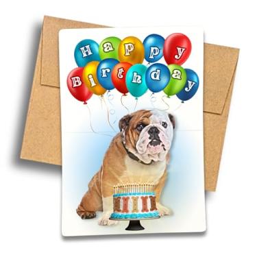 Imagem de Fava Bean Productions Cartão comemorativo de aniversário buldogue inglês, balões e design de bolo de biscoito de cachorro - 552