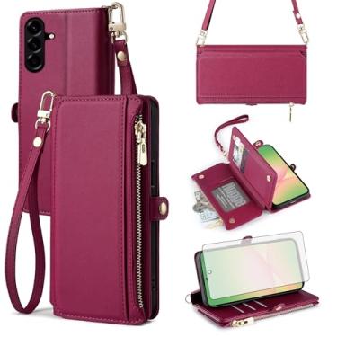 Imagem de Asuwish Capa de telefone para Samsung Galaxy A56 5G carteira com zíper com protetor de tela de vidro temperado e alça de pulso slot para cartão flip acessórios para celular A 56 56A LTE mulheres