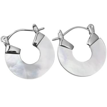 Imagem de Brincos de argola de disco de madrepérola, banhado a prata esterlina, joia inspirada na praia para mulheres