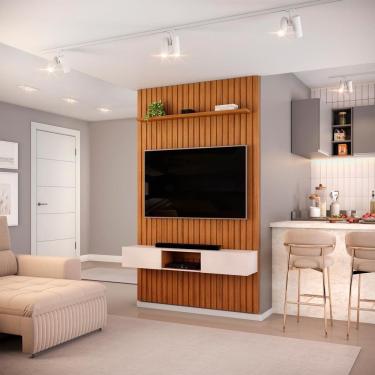 Imagem de Painel Ripado Com Bancada Suspensa Para Tv Até 60 Polegadas 143 Trento Freijó/off White - Dj Móveis