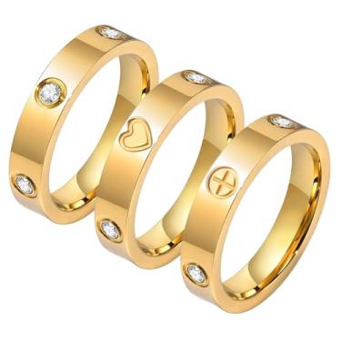 Imagem de Arthur Liu Conjunto de anéis de aço inoxidável empilháveis de zircônia cúbica banhados a ouro 14K para mulheres, Aço inoxidável, Sem pedra preciosa