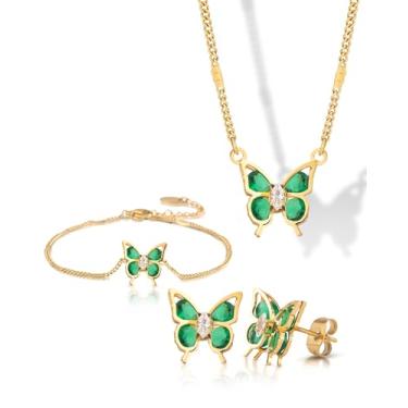 Imagem de Sparkle Rise Conjuntos de joias de 3 peças para mulheres, colar de borboleta banhado a ouro 18 K, brincos e pulseiras, colar ajustável, joias modernas para mulheres, presente de Dia dos Namorados