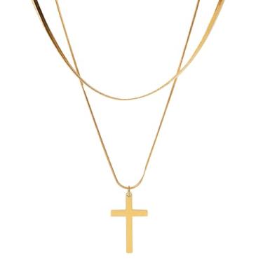 Imagem de ZOFnic Colar gargantilha em camadas cruzadas para mulheres, banhado a ouro 18 K, corrente dupla com pilha, presente para mãe, filha, amiga, colar com pingente inicial para aniversário, aniversário