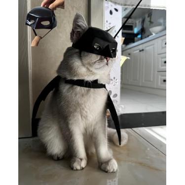 Imagem de Máscara de morcego de gato e asas de gato de estimação com coleira para fantasias de Halloween, roupas de cosplay de morcego de cachorro, acessórios de fantasia para animais de estimação (máscara +