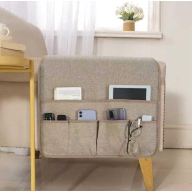 Imagem de luckyjoyreal Suporte de poltrona de linho sintético para sofá, suporte de controle remoto, antiderrapante, organizador de braço para sofá reclinável, 6 bolsos para revista, 89 cm x 49,5 cm, linho de
