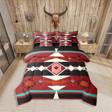 Imagem de Jogo de cama Queen geométrico asteca, 7 peças, flecha tribal étnica em uma bolsa, conjunto de cama vintage do sudoeste, inclui edredom, conjunto de lençol, fronhas e fronhas, decoração de quarto de